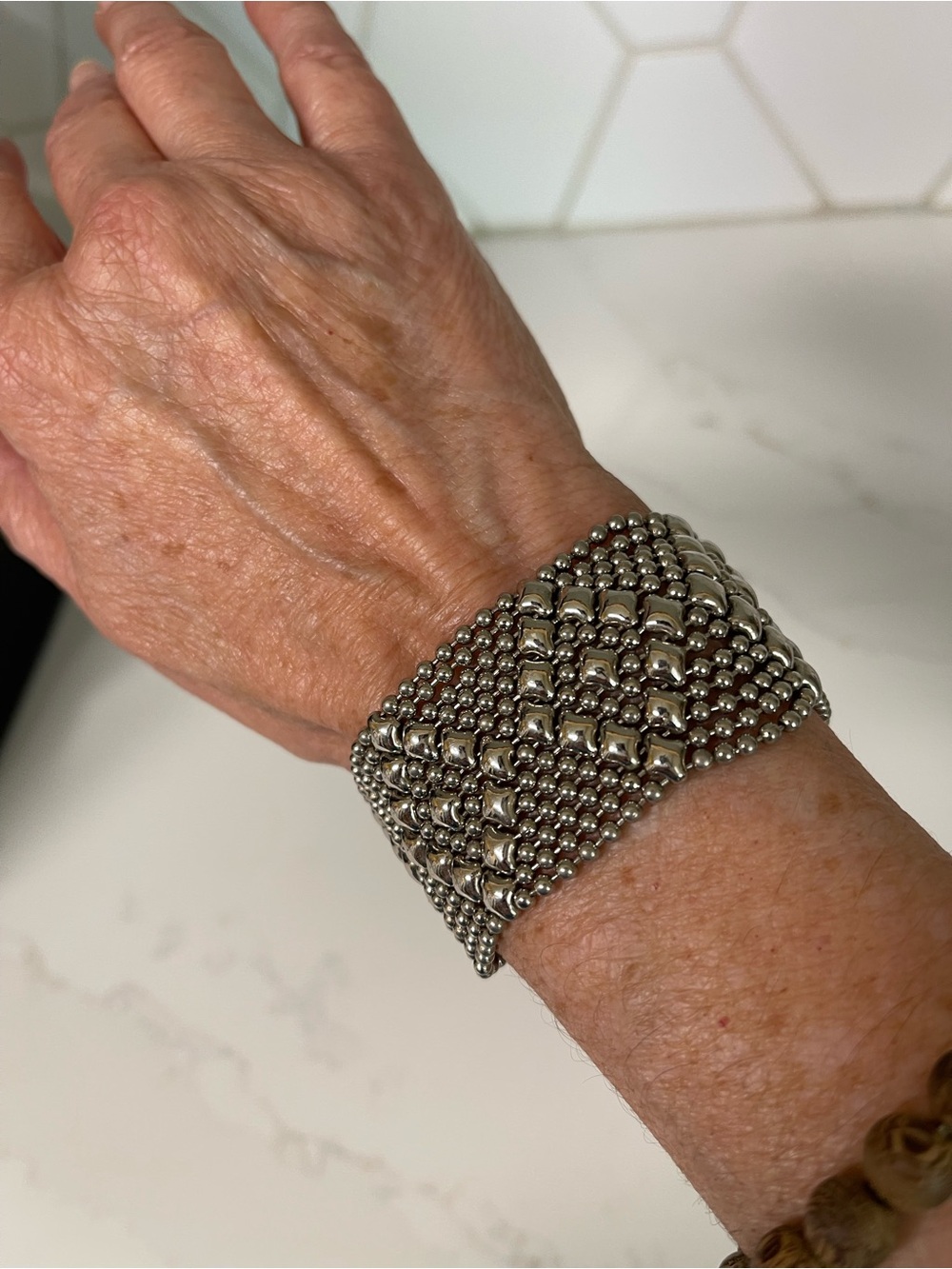 Wide Silver-Tone Beaded Multi-Strand Bracelet